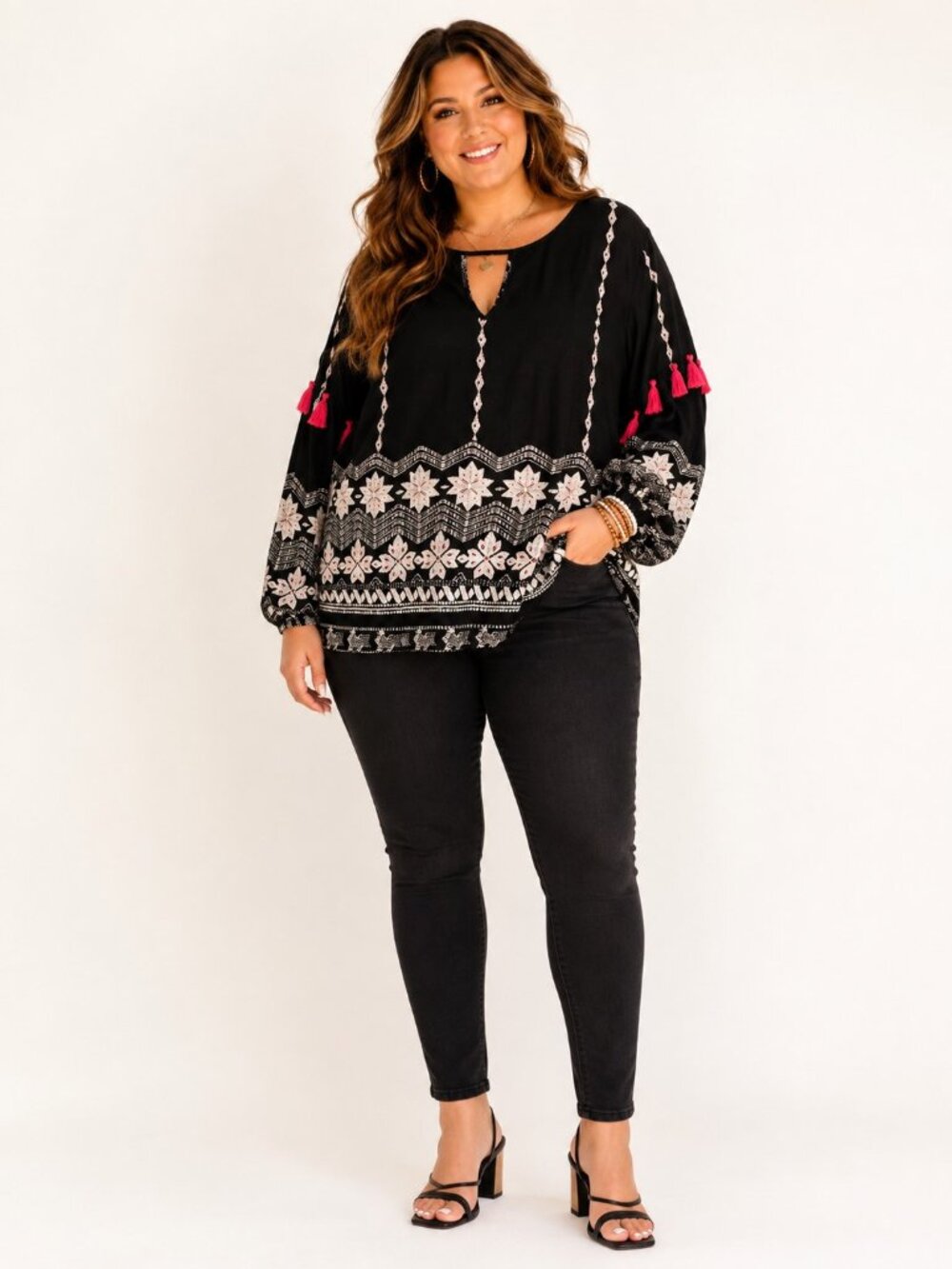 Very J Black Fuchsia Boho Peasant Blouse Tassel Balloon Sleeve Womens 2X NWT